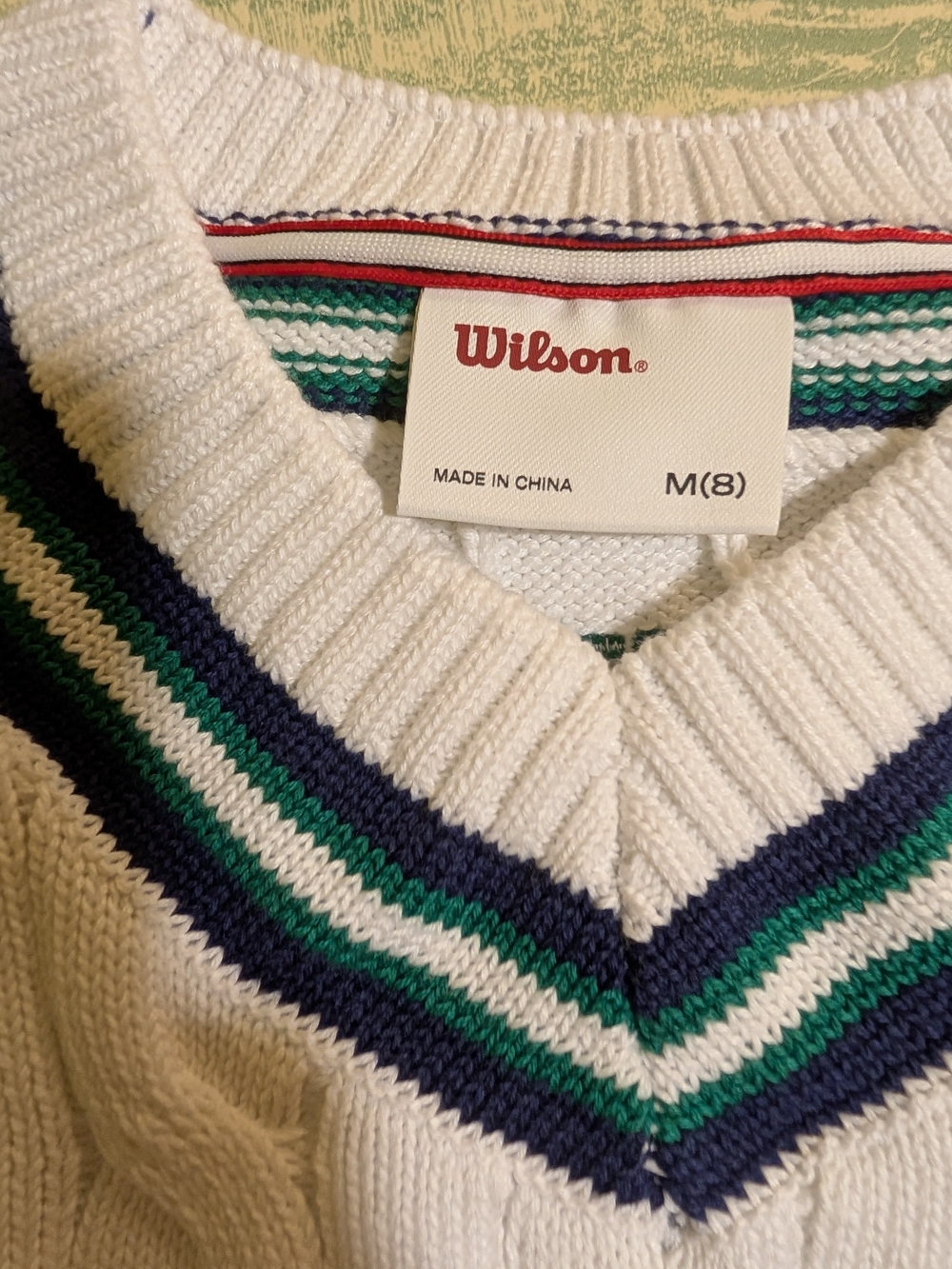 Wilson Women's White Cable-Knit V-Neck Sweater with Green & Navy Trim - Picture 2 of 7